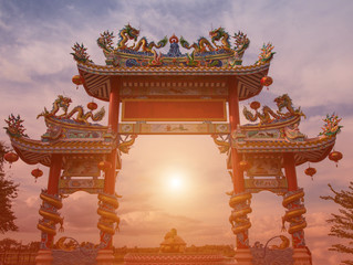 Dargon statue on Shrine roof on white background,dragon statue on china temple roof as asian art