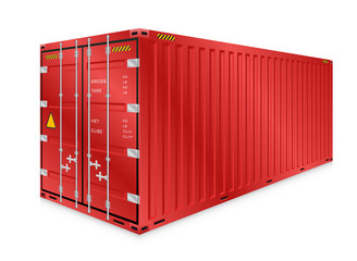 Cargo container vector isolated on white background. Metal box or equipment for storage at dock, port, warehouse. Freight transport by ship, crane, trailer truck for shipping, import export business.