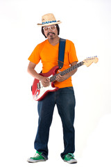 Obraz premium guitarist plays on the electric guitar with bright emotions, iso