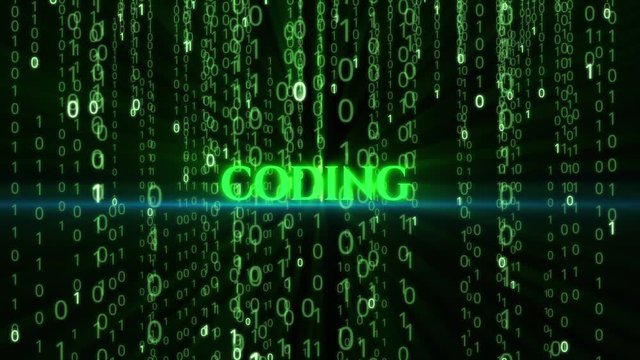 The binary code flying down and the animated inscription "coding".