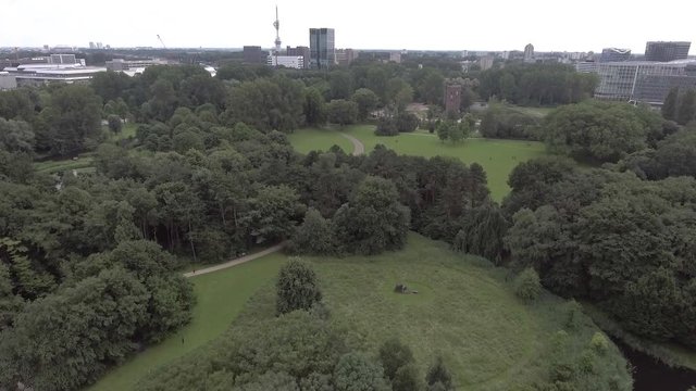 Aerial over small city park (Beatrixpark) in Amsterdam.