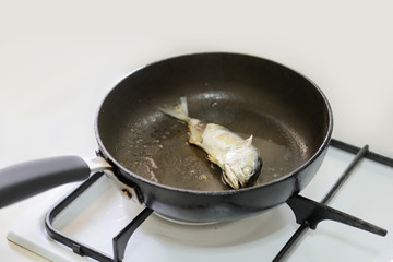 mackerel fried in a pan with gas stove