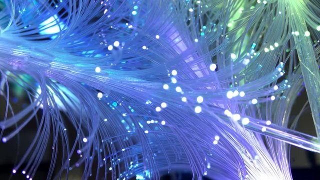 Colorful light transmission through brightly lit fiber optic cables.