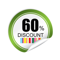 60% discount green sticker, button, label and sign.