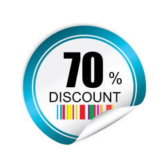 70% discount blue sticker, button, label and sign.