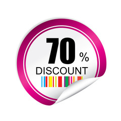 70% discount pink sticker, button, label and sign.