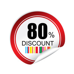 80% discount red sticker, button, label and sign.
