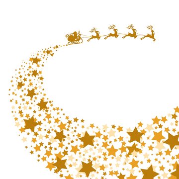 santa's sleigh and startrack - Weihnachtsmann mit Schlitten Rentieren und Sternenschweif - Gold Glamour - Vektor Grafik Umriss Kurve
