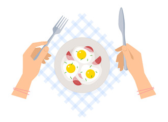 Breakfast: female hands with steel fork and knife, ceramic plate with scrambled eggs on a table napkin. Flat vector concept illustration of kitchen utensils and food isolated on a white background.