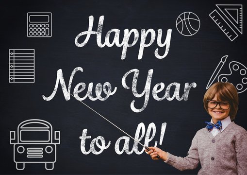 Smiling boy pointing with stick at new year greeting quotes