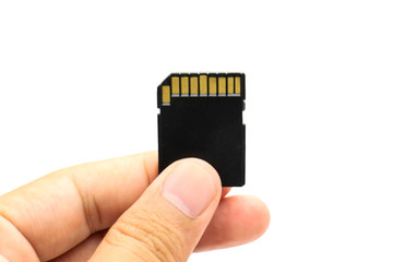 Hand with SD card isolate on white background