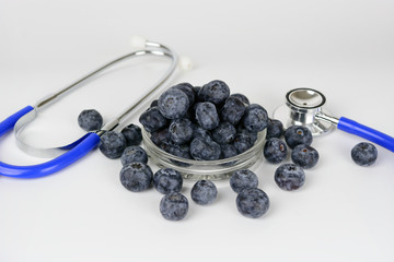Blueberry in glass bowl on white background. Healthy food.