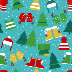 Cute winter holiday seamless pattern with blue background, Christmas trees, hats, mittens, boots, scarf and snowflakes