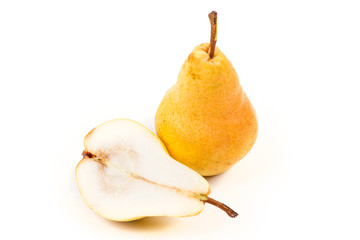 Whole pear and cut pear isolated on white