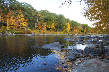 Scenic fall foliage on the Farmington River in Canton, Connecticut.