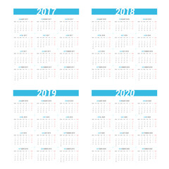 Simple calendar for 4 years 2017 2018 2019 2020. Week starts on Monday.