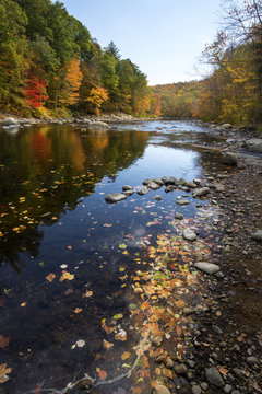 Colorful fall foliage along the Farmington River in Canton, Connecticut.