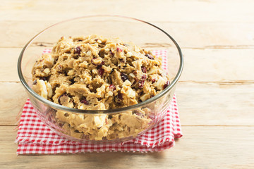 Christmas cookies; Cranberry white chocolate cookie dough prepare for bake.
