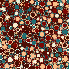 Vector geometric background. The round elements of various sizes and colors are placed on a dark red.