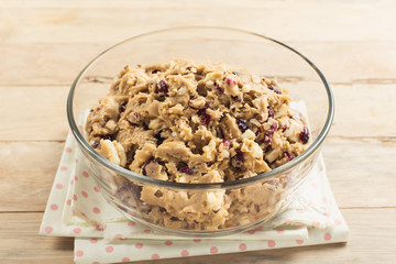 Christmas cookies; Cranberry white chocolate cookie dough prepare for bake.
