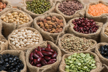 Various dry legumes in a sack cloth