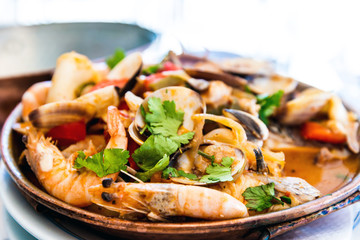 closeup mix seafood soup pot