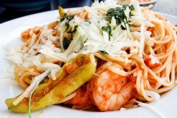 Pasta with Shrimp Dinner Dish on a the table