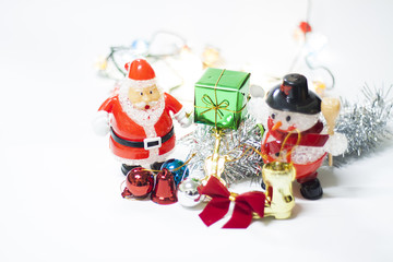 Santa Claus with gift box isolated on white background blur.
