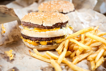 Cheese burger - American cheese burger with Golden French fries
