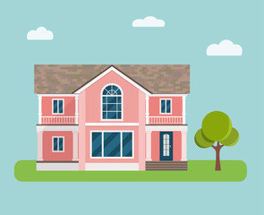 Detailed colorful cottage. Country house. Vector flat illustration