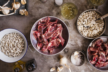 Overhead of lamb chops with veggies.