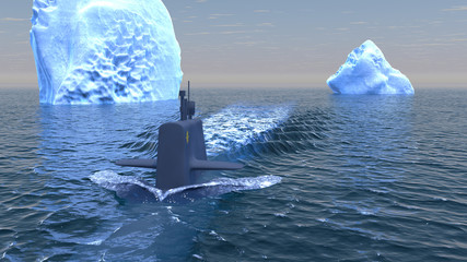 Computer generated submarine travelling on the surface of the Arctic ocean