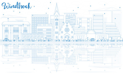 Outline Windhoek Skyline with Blue Buildings and Reflections.