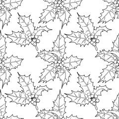 Graphic leaves and berries seamless pattern