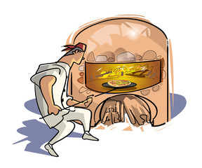 ピザ釜でピザを焼く職人さん