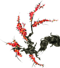 Fototapeta premium A branch of a blossoming tree. Pink flowers of sakura . Watercolor and ink illustration in style sumi-e, u-sin. Oriental traditional painting. Isolated on white background.