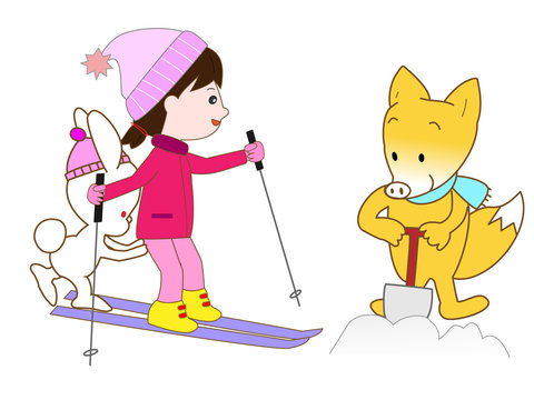 女の子のスキーをサポートしている動物