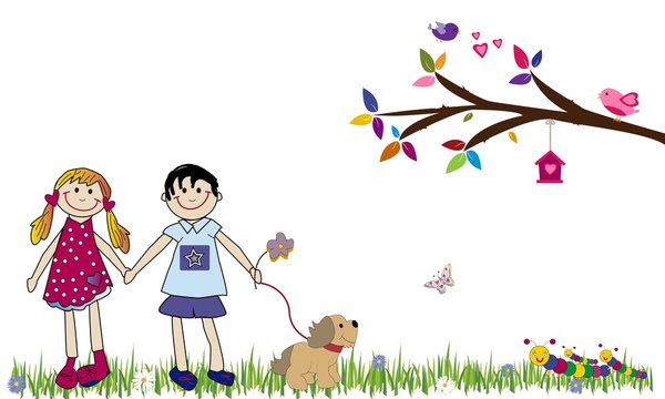 Ni&ntilde;os alegres con perro, ciempi&eacute;s y rama de &aacute;rbol.