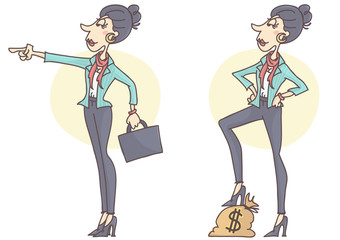 Confident, stylish and successful business woman in determined poses, looking ahead, set of two postures, vector cartoon.