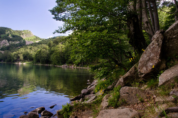 Lago con pietre in primo piano