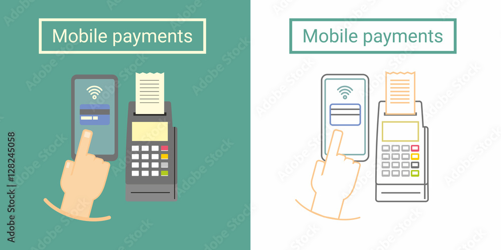 Aufkleber mobile payment design concept with terminal and hand hand push on phone screen. flat and linear symb