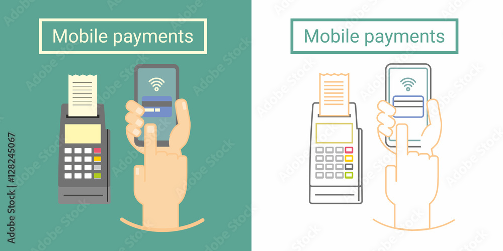 Poster mobile payment design concept with terminal and hand holding phone and push on screen. flat and line