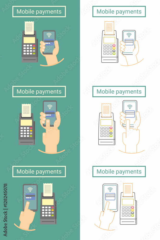 Aufkleber mobile payment set of flat and linear symbol or icon design with phone and terminal