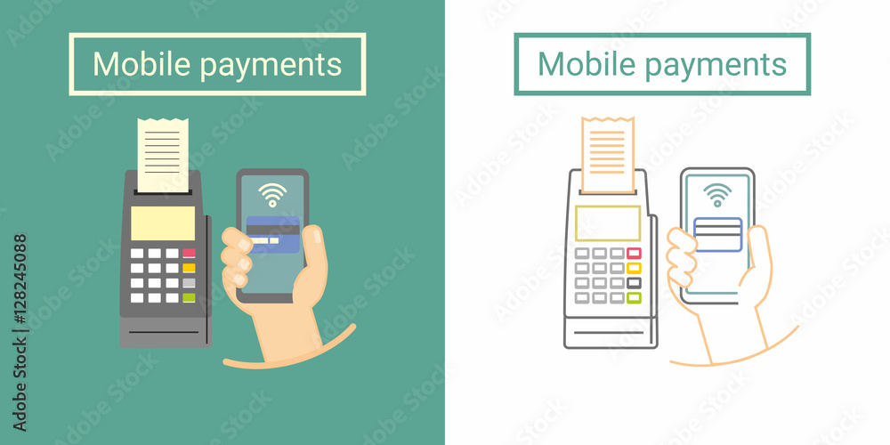 Poster mobile payment design concept with terminal and hand holding phone. flat and linear symbol or icon d