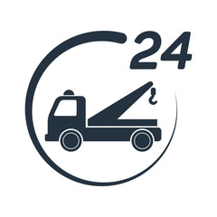 car tow service, 24 hours, truck , solated icon on white backgro