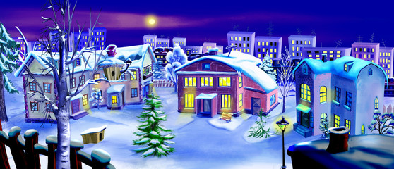 Fototapeta na wymiar Christmas Eve. Winter Night in a Small Town
