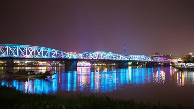 Timelapse 4k  Houng River with color bridge in Hue city Vietnam