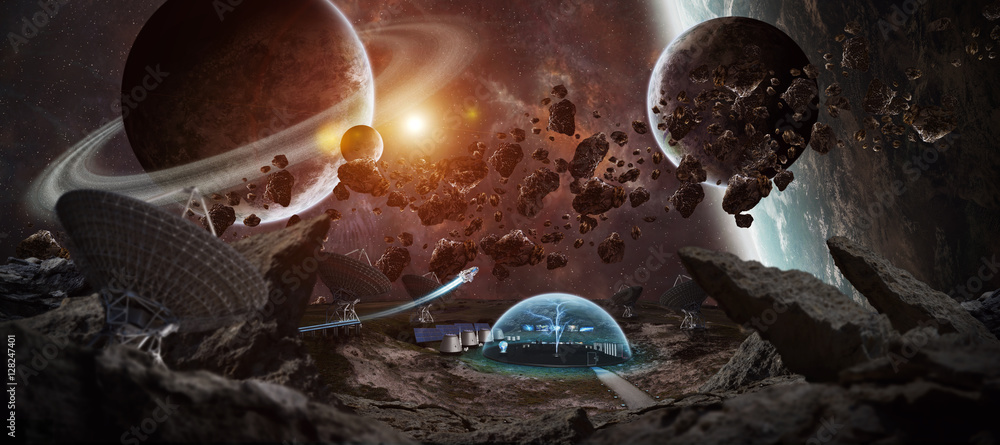 Wall mural observatory station in space 3d rendering elements of this image