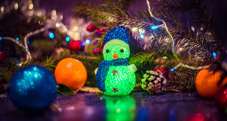 Christmas decorations with lights and Snowman