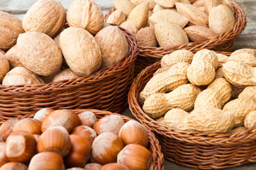 Assorted nuts in baskets